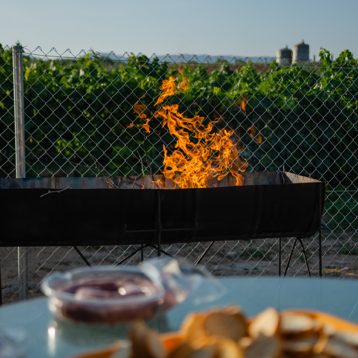 Barbacoa encesa amb foc viu a l’exterior de Masia L’Encís, ideal per a trobades i àpats a l’aire lliure