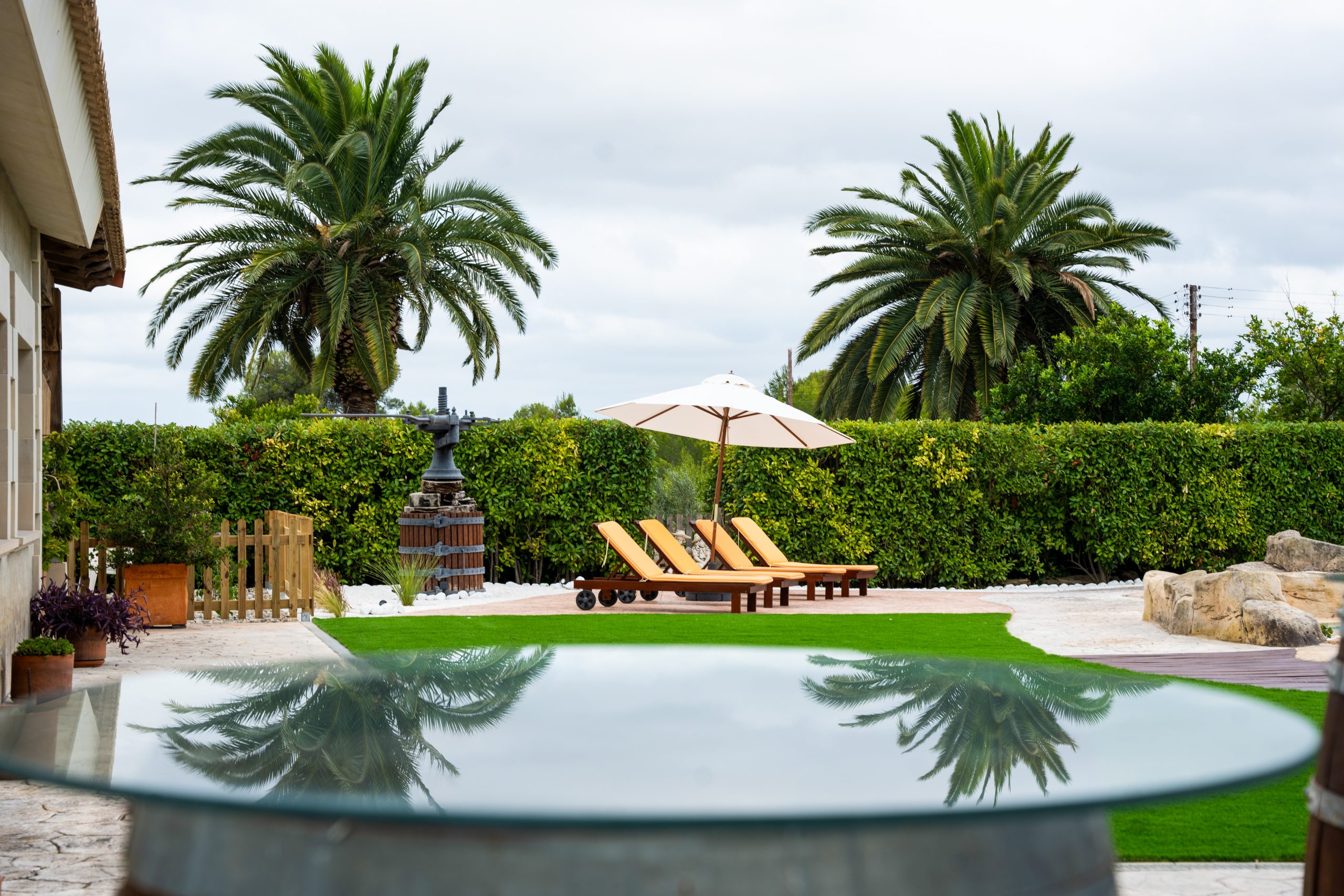 Gandules amb para-sol al jardí envoltat de palmeres a la Masia L’Encís